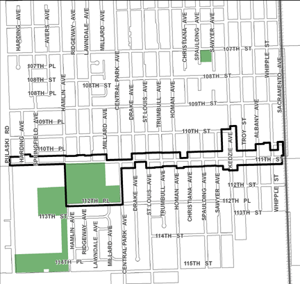 111th/Kedzie TIF district, roughly bounded on the north by 110th Street, 112th Place on the south, Sacramento Avenue on the east, and Pulaski Road on the west.
